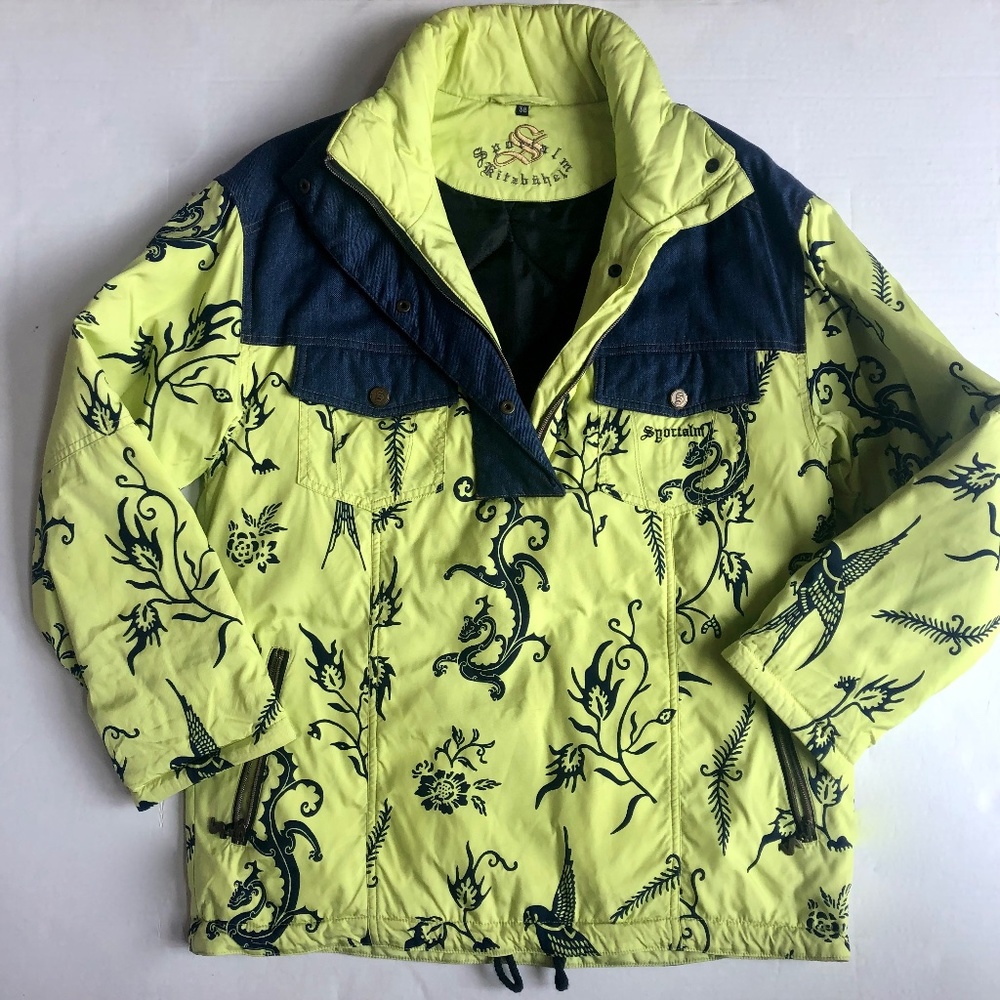 Sportalm Kitzbuhel Austrian Green Dragon Print Denim Pullover Puffer Ski Jacket